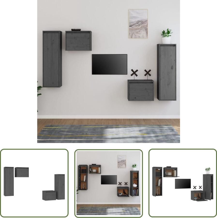 The Living Store Wandmeubel Grijs Massief grenenhout 2x TV-meubel 45x30x35cm 2x TV-meubel 30x30x100cm - Foto 2