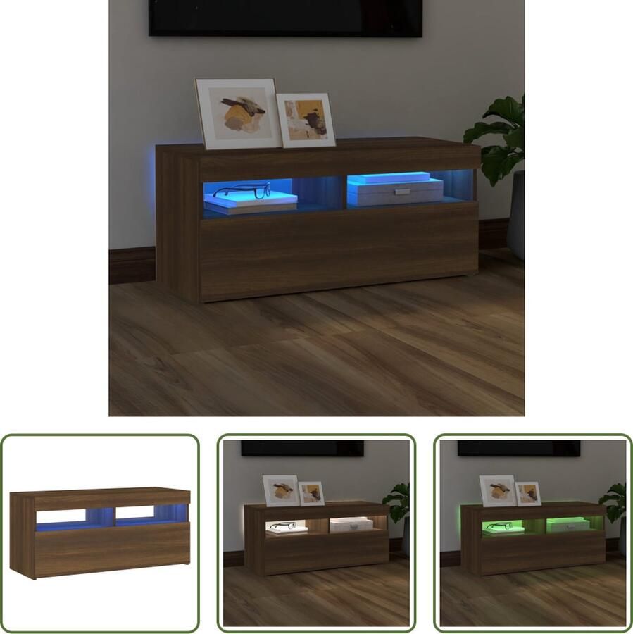 The Living Store TV-meubel LED-verlichting bewerkt hout 90x35x40cm bruineiken - Foto 2