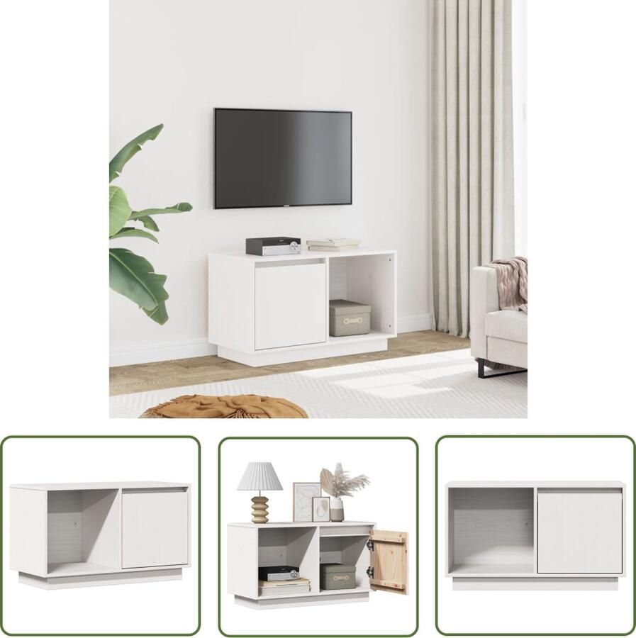 The Living Store TV-meubel Massief grenenhout Wit 74 x 35 x 44 cm Opbergruimte Weergavefunctie TV Kast TV Kasten TV Meubels Hifi Meubels Houten TV Kast - Foto 2