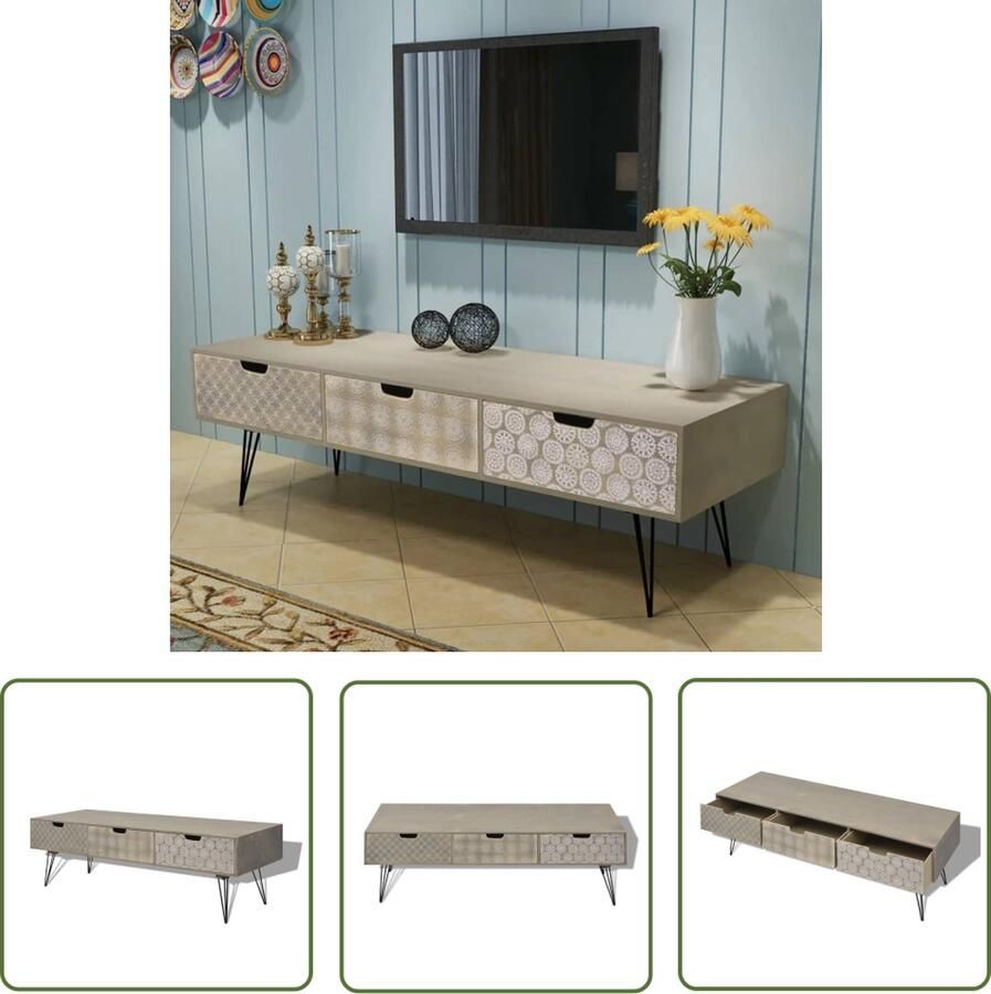 The Living Store Retro TV-meubel Grijs 120x40x36 cm Met 3 lades Tv-meubel Retro Meubilair Salontafel Mediabox Kastje