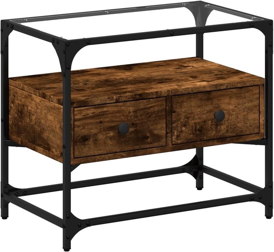 The Living Store Tv-meubel met glazen blad 60x35x51 cm hout gerookt eikenkleurig TV Kast Industrieel Houten TV Kast Bruine TV Kast Salontafel - Foto 2