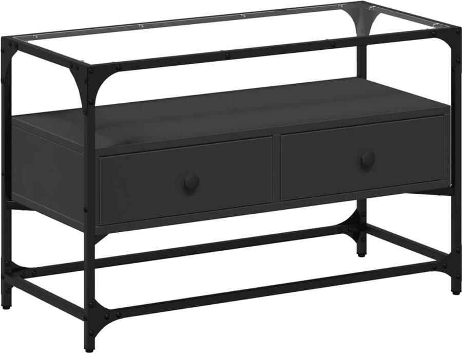The Living Store Tv-meubel met glazen blad 80x35x51 cm bewerkt hout zwart Tv Kast Industrieel Tv Meubel Houten Tv Stand Zwarte Tv Tafel Salontafel - Foto 2