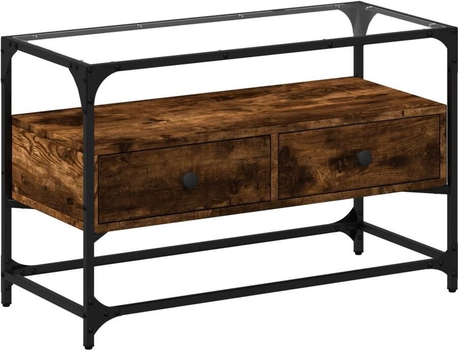 The Living Store Tv-meubel met glazen blad 80x35x51 cm hout gerookt eikenkleurig Tv Kast Tv Meubel Houten Tv Kast Industrieel Tv Meubel Bruine Tv Kast - Foto 2