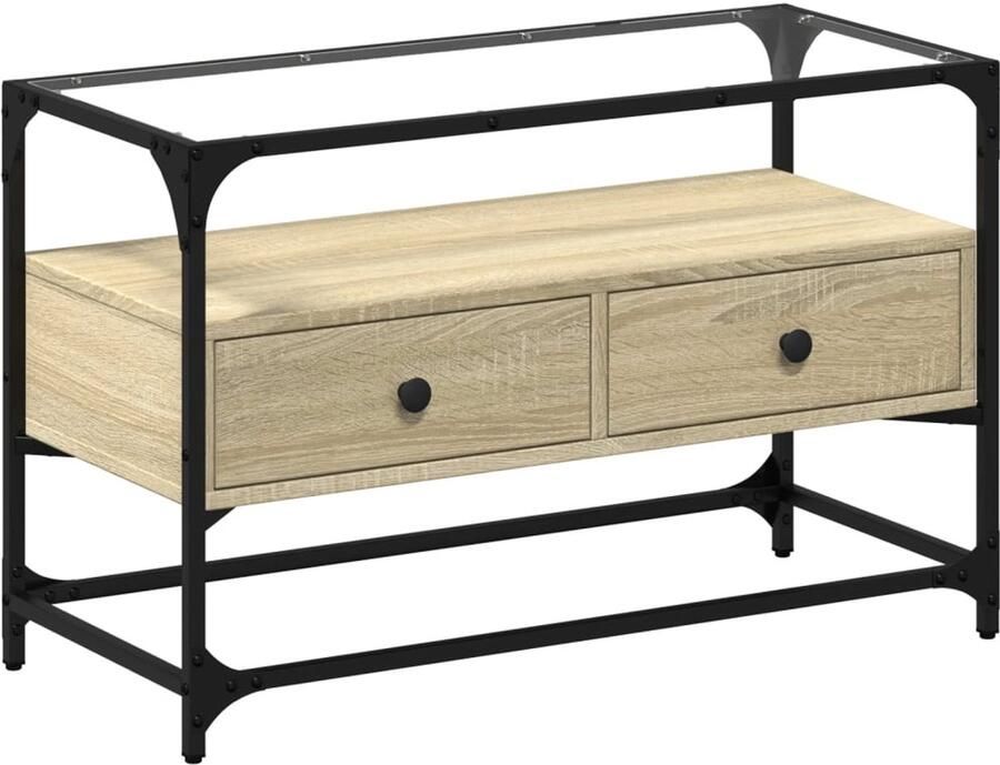 The Living Store Tv-meubel met glazen blad 80x35x51 cm hout sonoma eikenkleurig Tv Kast Salontafel Industrieel Tv Meubel Houten Tv Kast Tv Stand - Foto 2