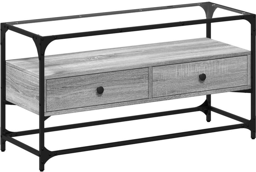 The Living Store Tv-meubel met glazen blad 98x35x51 cm bewerkt hout grijs sonoma Tv Kast Tv Meubel Salontafel Houten Tv Stand Grijze Tv Kast - Foto 2