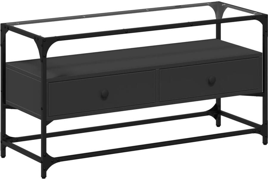 The Living Store Tv-meubel met glazen blad 98x35x51 cm bewerkt hout zwart Tv Kast Industrieel Houten Tv Meubel Zwarte Tv Kast Salontafel - Foto 2