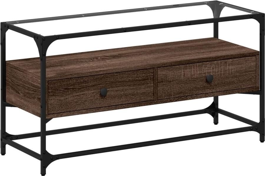 The Living Store Tv-meubel met glazen blad 98x35x51 cm hout bruin eikenkleurig Tv Kast Tv Meubel Salontafel Media Kast Bergruimte - Foto 2