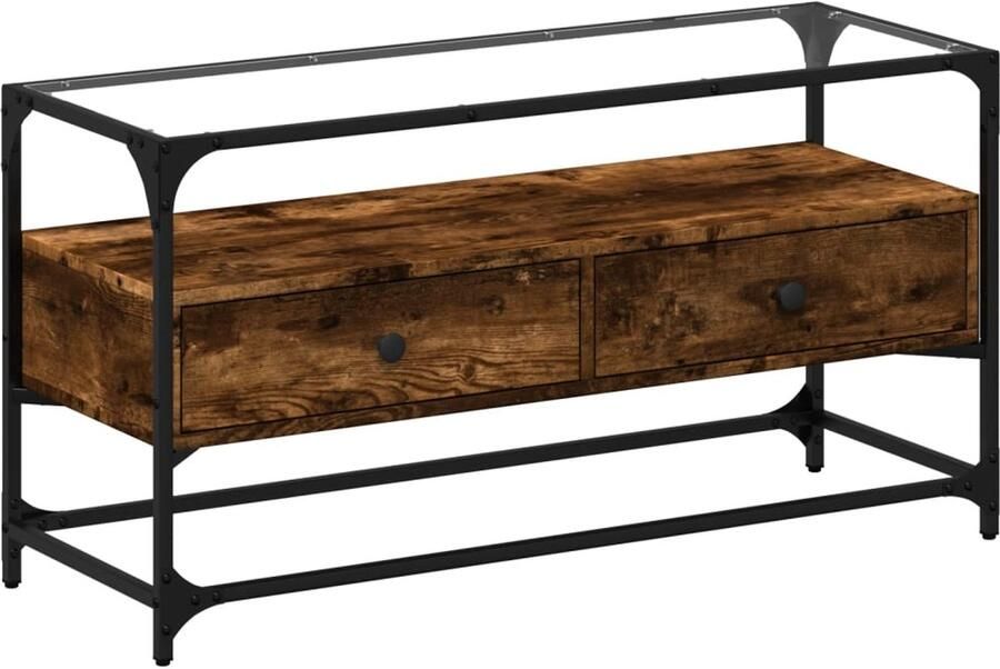 The Living Store Tv-meubel met glazen blad 98x35x51 cm hout gerookt eikenkleurig Tv Kast Salontafel Houten Tv Meubel Industrieel Tv Meubel Bruine Tv Kast - Foto 2