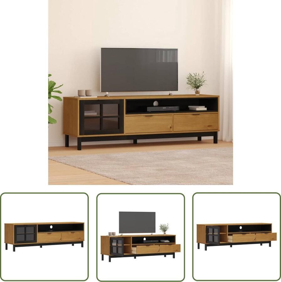 The Living Store TV-meubel met glazen deur FLAM 158x40x50 cm massief grenenhout Tv-meubel Televisiekast Grenenhouten Tv-meubel Vintage Tv-meubel Salontafel