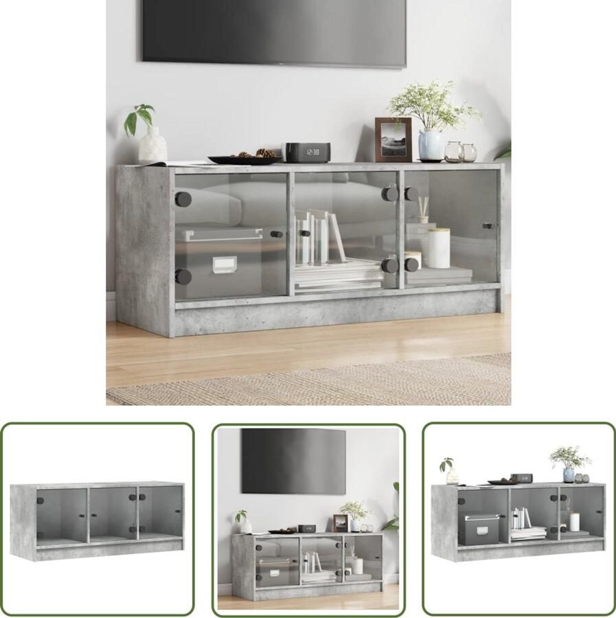 The Living Store Tv-meubel met glazen deuren 102x37x42 cm betongrijs Tv-meubel Tv Kast Beton Grijs Houten Tv-standaard Opbergkast