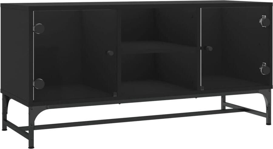 The Living Store Tv-meubel met glazen deuren 102x37x50 cm zwart Tv-meubel Zwart Tv-meubel Houten Tv-stand Mediacaft Opberg Kast - Foto 2