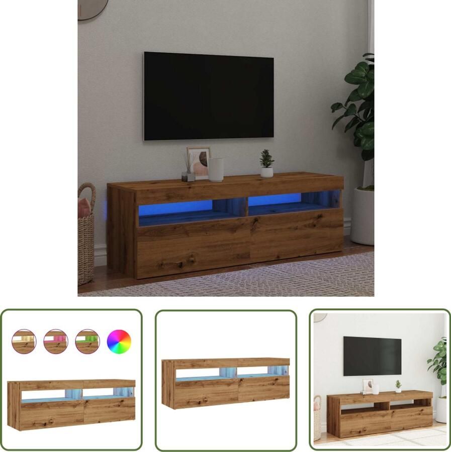 The Living Store Tv-meubel met LED 120x35x40 cm bewerkt hout artisanaal eiken Tv-meubel Salontafel Houten Tv-kast Led Tv-meubel Rgb Verlichting
