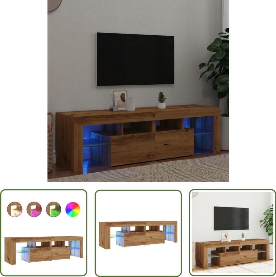 The Living Store Tv-meubel met LED 140x36 5x40 cm bewerkt hout artisanaal eiken Tv-meubel Salontafel Houten Tv-meubel Led Tv-meubel Rgb Verlichting