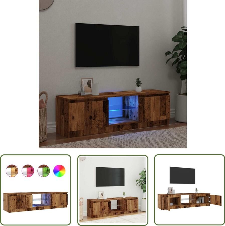 The Living Store Tv-meubel met LED 140x40x35 5 cm bewerkt hout oud houtkleurig Tv-meubel Houten Tv-kast Led Tv-meubel Salontafel Opslagruimte