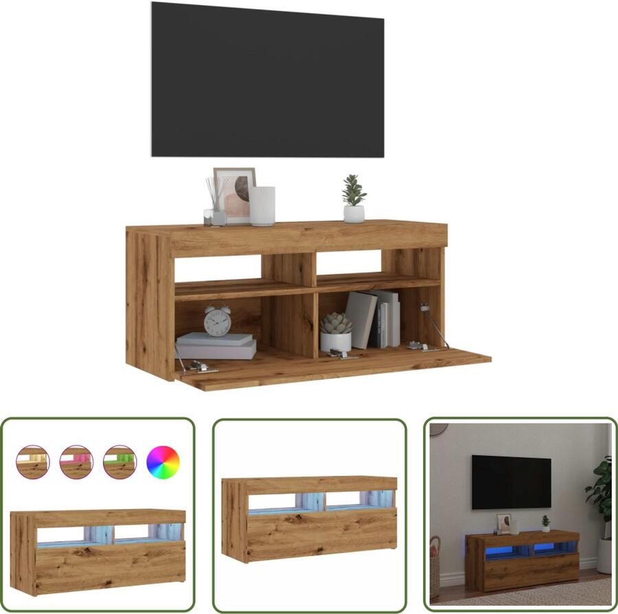 The Living Store vidaXL Salontafel Tv Meubel Tv-meubel met LED 90x35x40 cm bewerkt hout artisanaal eiken Houten Tv Kast Led Tv Meubel Lichtgevende Tv Stand - Foto 2