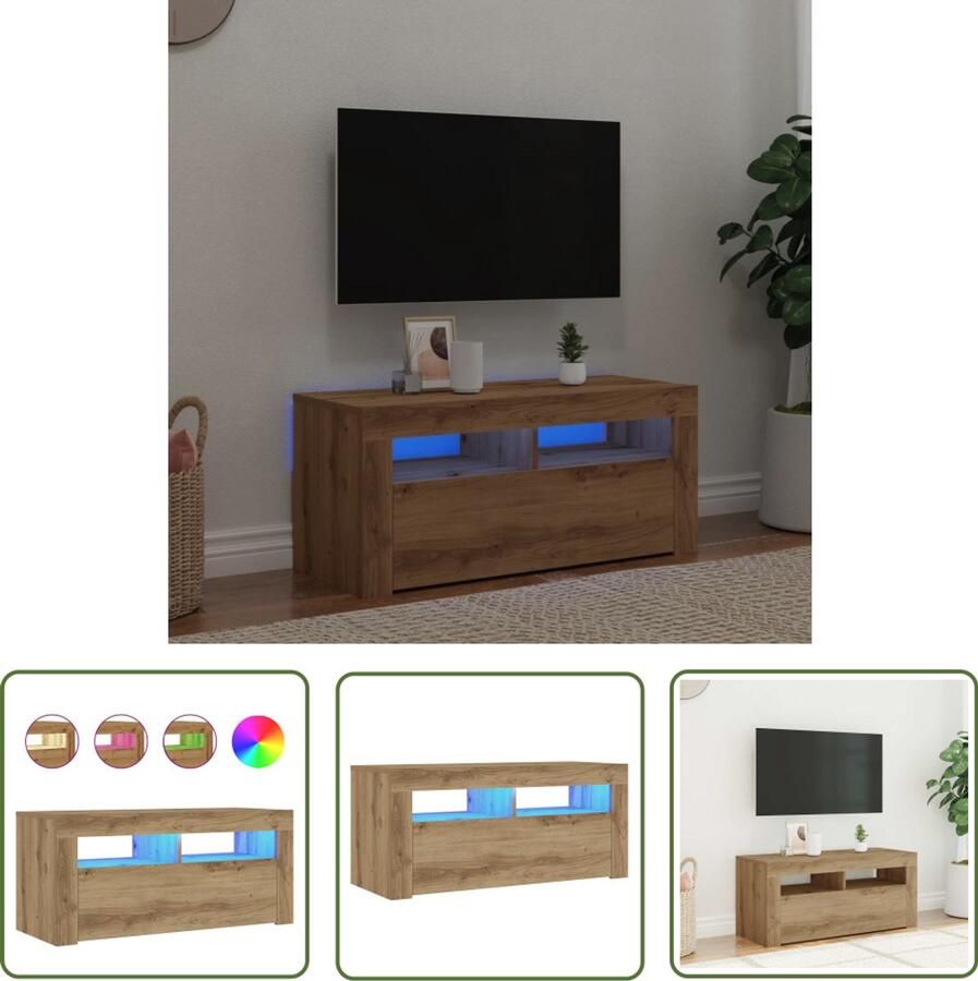 The Living Store vidaXL Salontafel Tv Meubel Tv-meubel met LED 90x35x40 cm bewerkt hout artisanaal eiken Houten Tv Kast Led Tv Meubel Rgb Licht