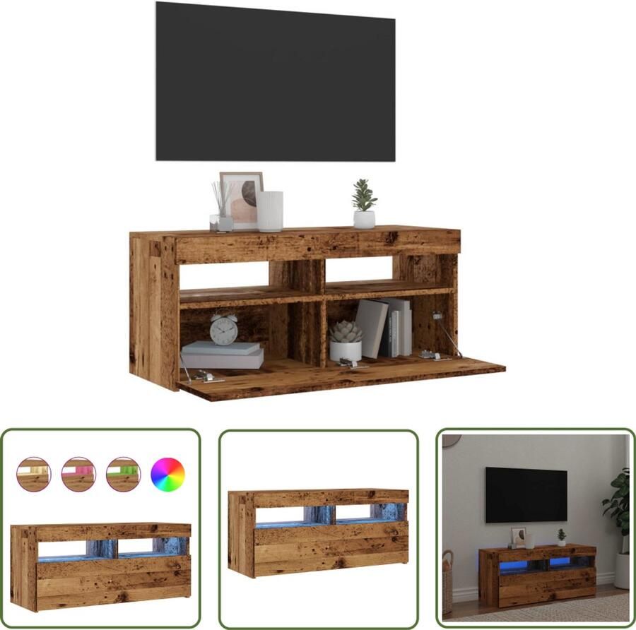 The Living Store Tv-meubel met LED 90x35x40 cm bewerkt hout oud hout TV-meubel TV-standaard Houten TV-kast Vintage TV-meubel Led Verlichting