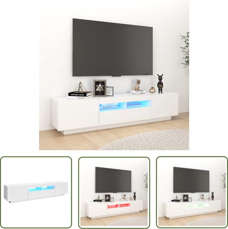 The Living Store TV-meubel RGB LED-verlichting Hoogglans wit Bewerkt hout 180 x 35 x 40 cm USB-aansluiting Tv-meubel Houten Tv-meubel Led Tv-meubel Rgb Led Witte Tv-meubel