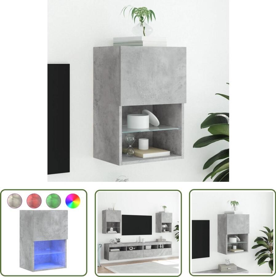 The Living Store Tv-meubel met LED-verlichting 40 5x30x60 cm betongrijs Tv-meubel Led-verlichting Beton Grijs Houten Tv-stand Opbergruimte