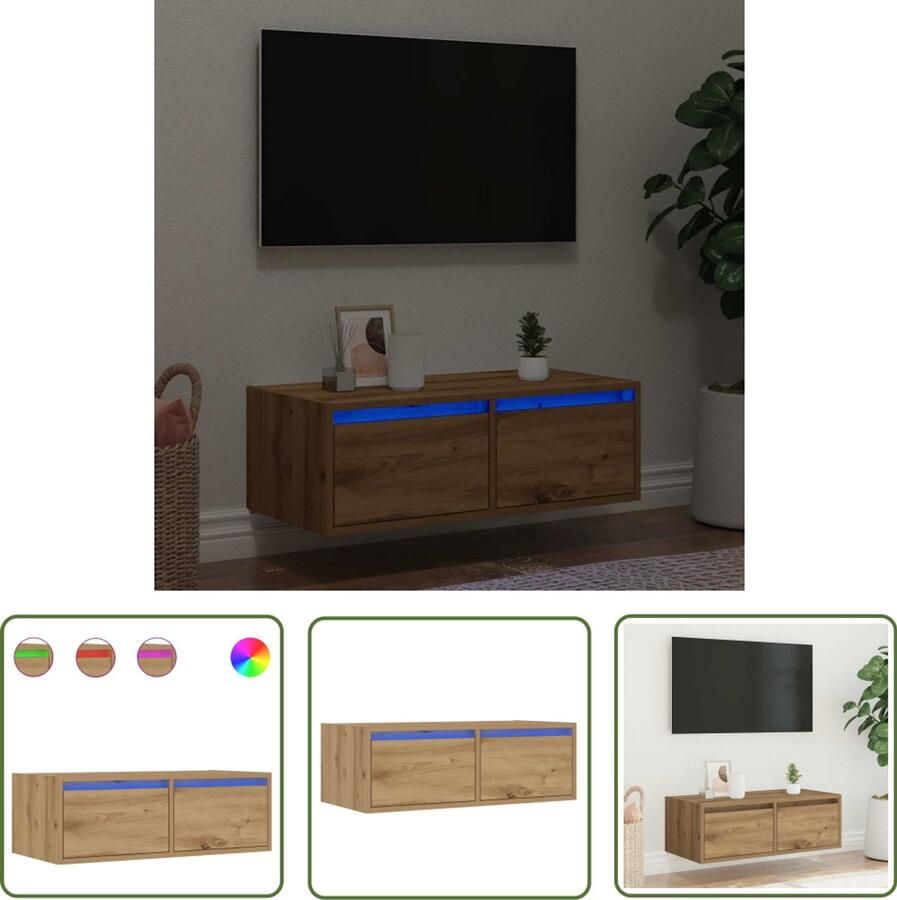 The Living Store Tv-meubel met LED-verlichting 75x35 5x25 cm artisanaal eiken Tv-meubel Salontafel Houten Meubilair Led Verlichting Opbergruimte