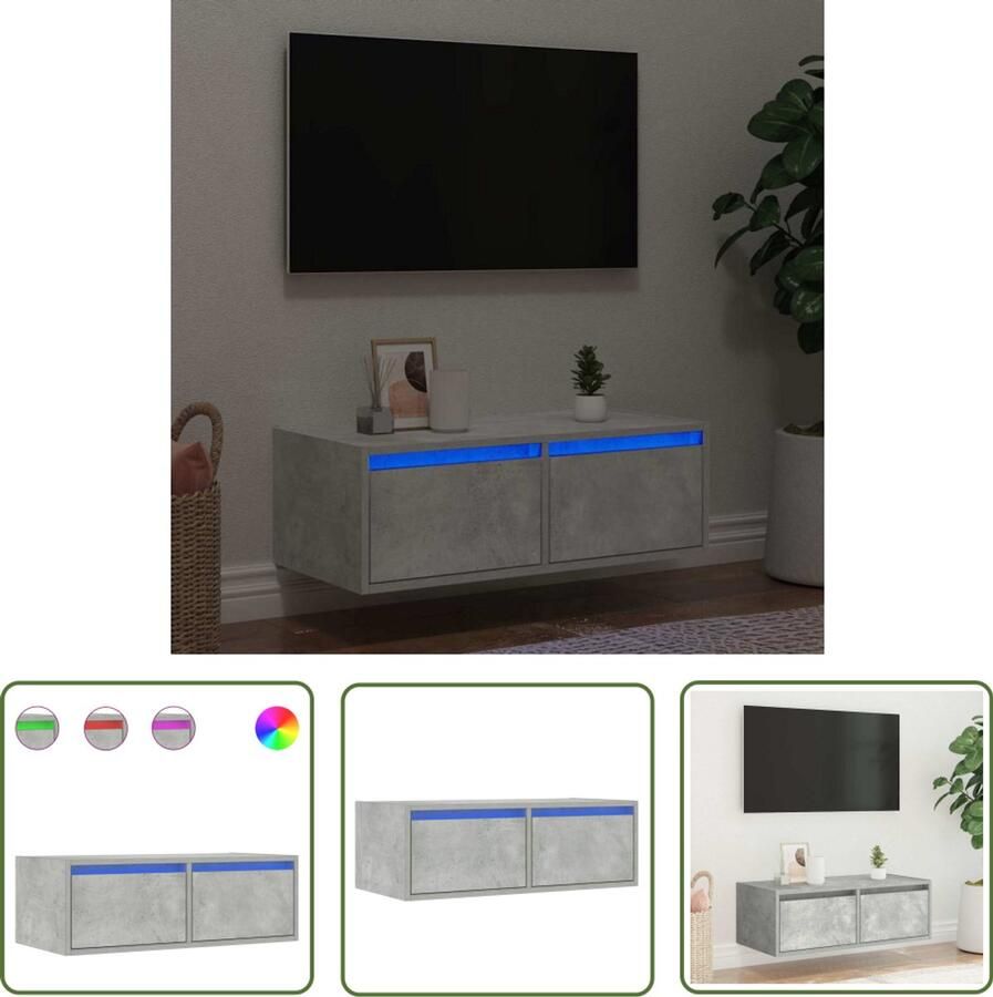 The Living Store Tv-meubel met LED-verlichting 75x35 5x25 cm betongrijs Tv-meubel Led-verlichting Betongrijs Houten Tv-stand Opbergruimte