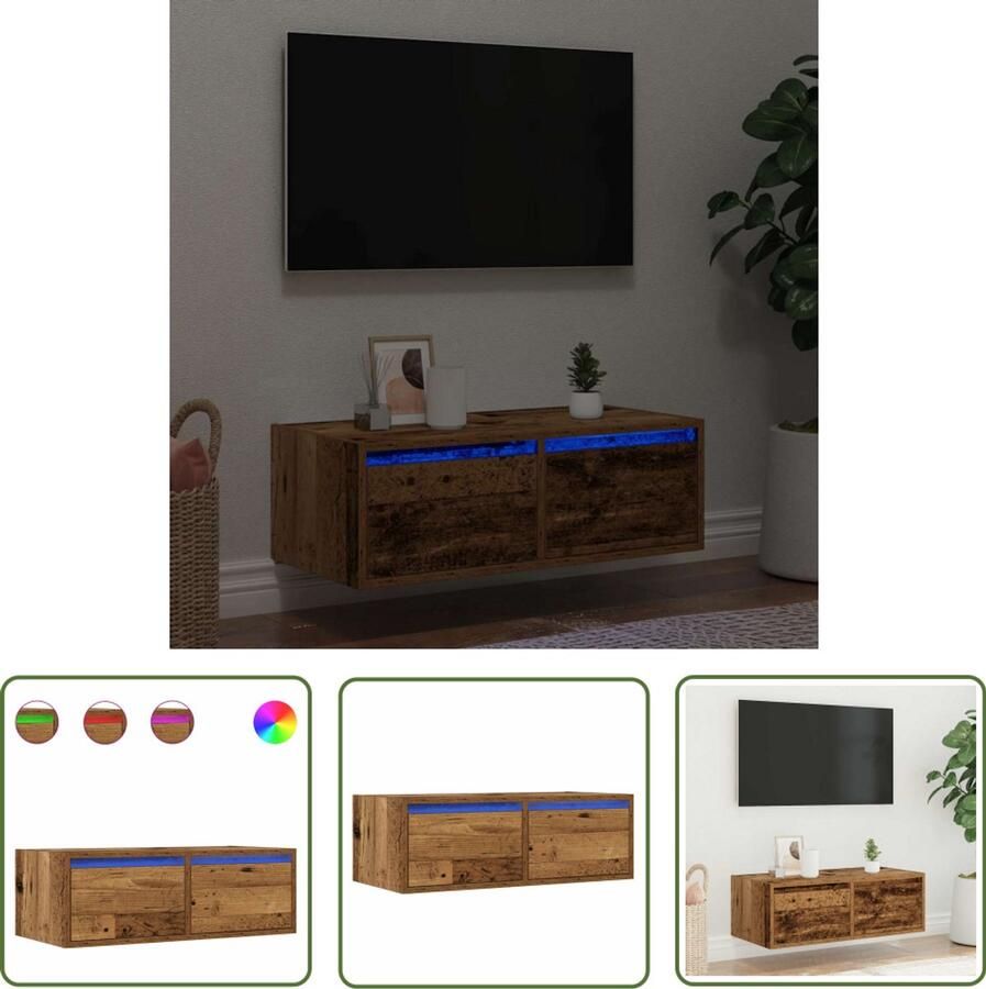 The Living Store Tv-meubel met LED-verlichting 75x35 5x25 cm oud houtkleurig Tv-meubel Led-verlichting Houten Tv-standaard Salontafel Opbergruimte