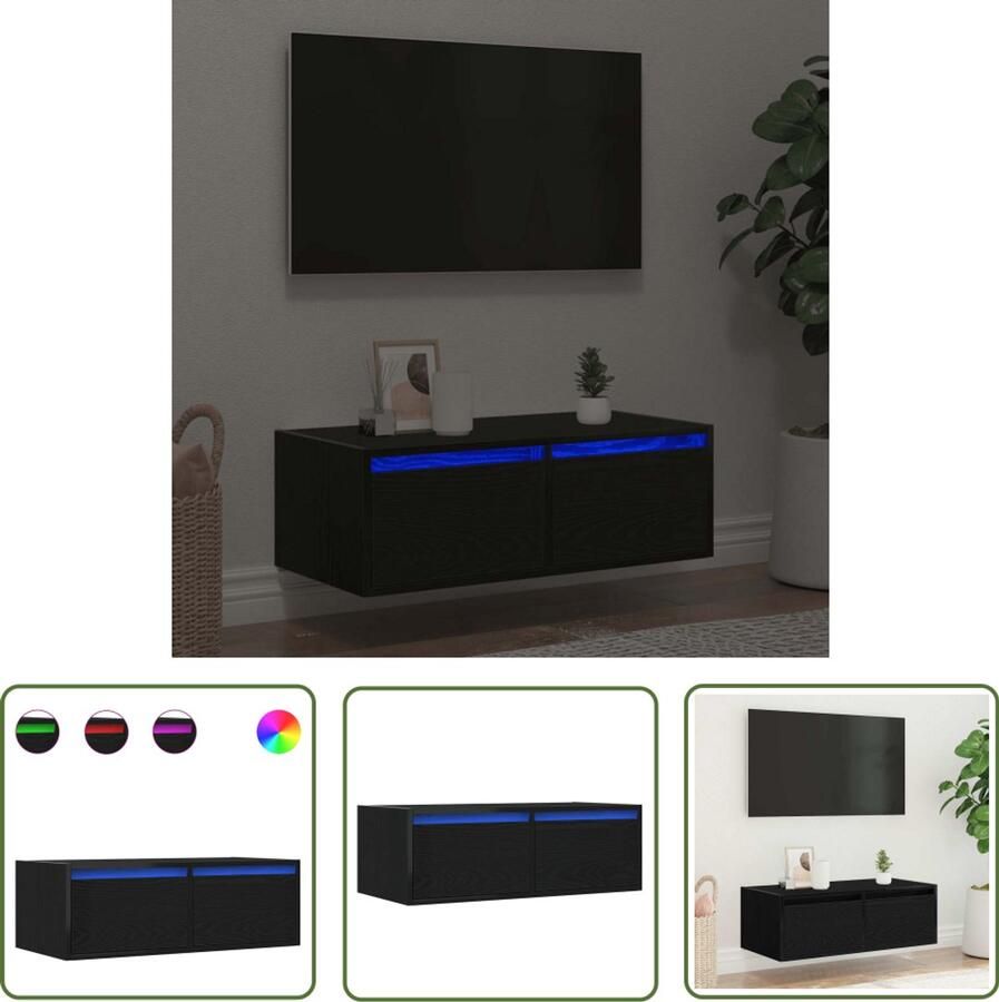 The Living Store Tv-meubel met LED-verlichting 75x35 5x25 cm zwart eikenkleurig Tv-meubel Led-verlichting Zwarte Meubels Houten Tv-standaard Opbergruimte