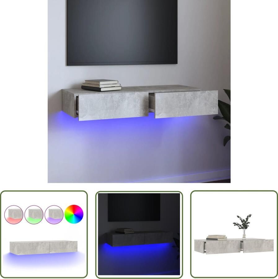 The Living Store Tv-meubel met LED-verlichting 90x35x15 5 cm betongrijs Tv-meubel Beton Grijs Led Verlichting Houten Tv-kast Salon Meubilair - Foto 2
