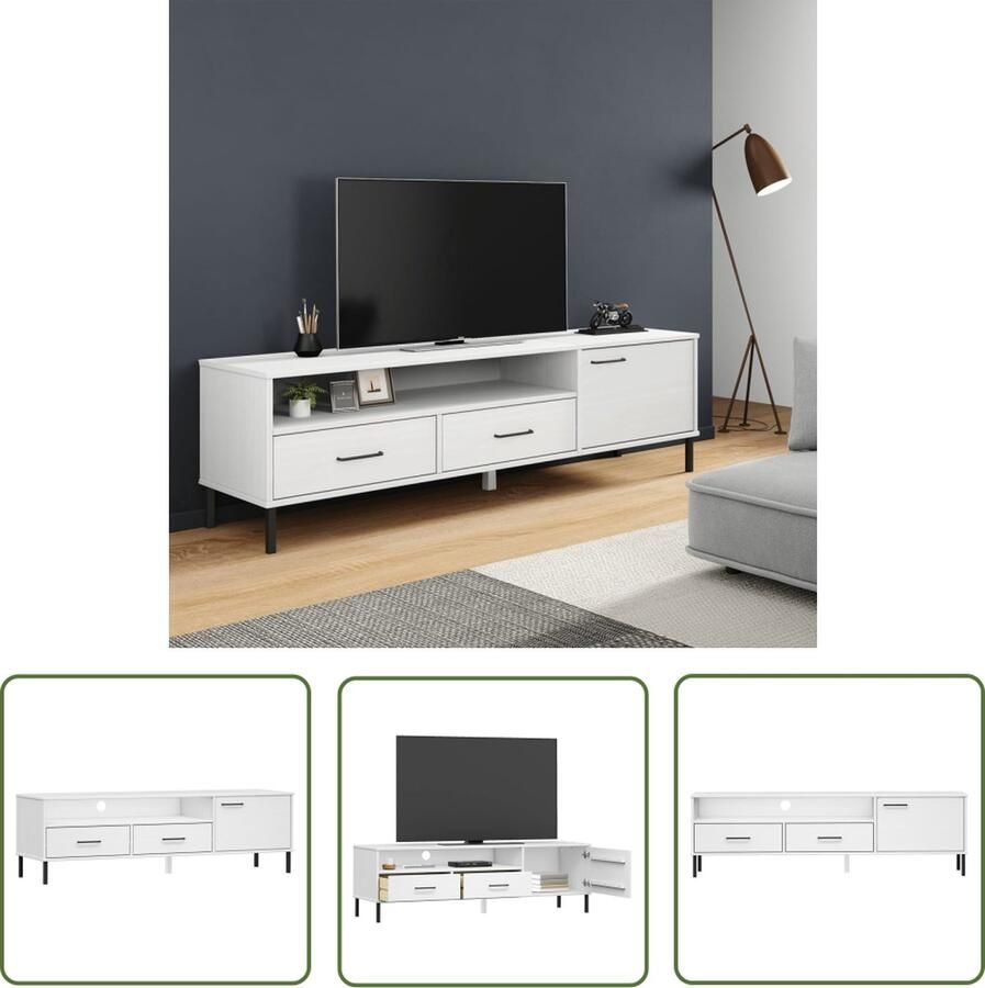 The Living Store Tv-meubel met metalen poten OSLO massief grenenhout wit TV-meubel Salontafel Hout Meubilair Grenenhout Meubilair Witte Meubels - Foto 2