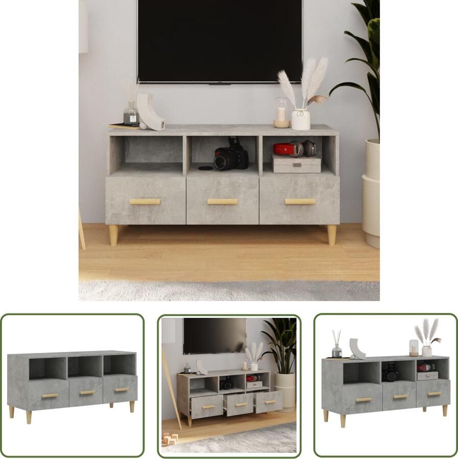 The Living Store TV-meubel Betongrijs 102 x 36 x 50 cm Bewerkt hout en massief eucalyptushout - Foto 2