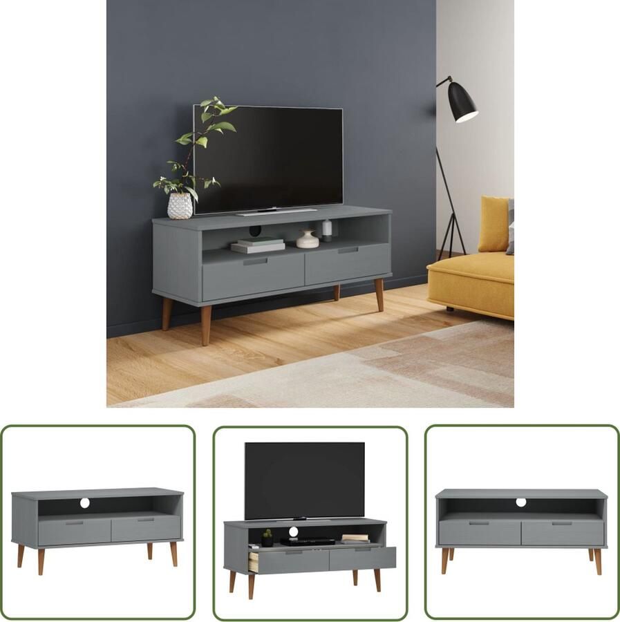 The Living Store MOLDE TV-kast 106 x 40 x 49 cm Grijs Massief grenenhout met uv-vernis en bewerkt hout Tv Kast Houten Tv Kast Grenoblehouten Tv Kast Tv Meubilair Salontafel - Foto 2