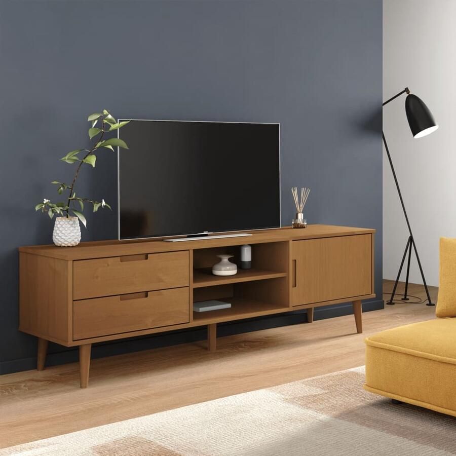 The Living Store Tv-meubel MOLDE 158x40x49 cm massief grenenhout bruin Tv Kast Houten Tv Kast Grenenhout Tv Kast Bruin Tv Kast Salontafel - Foto 2