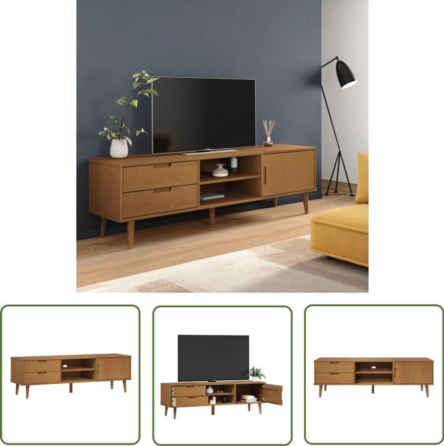 The Living Store Tv-meubel MOLDE 158x40x49 cm massief grenenhout bruin Tv Kast Houten Tv Kast Grenenhout Tv Kast Bruin Tv Kast Salontafel