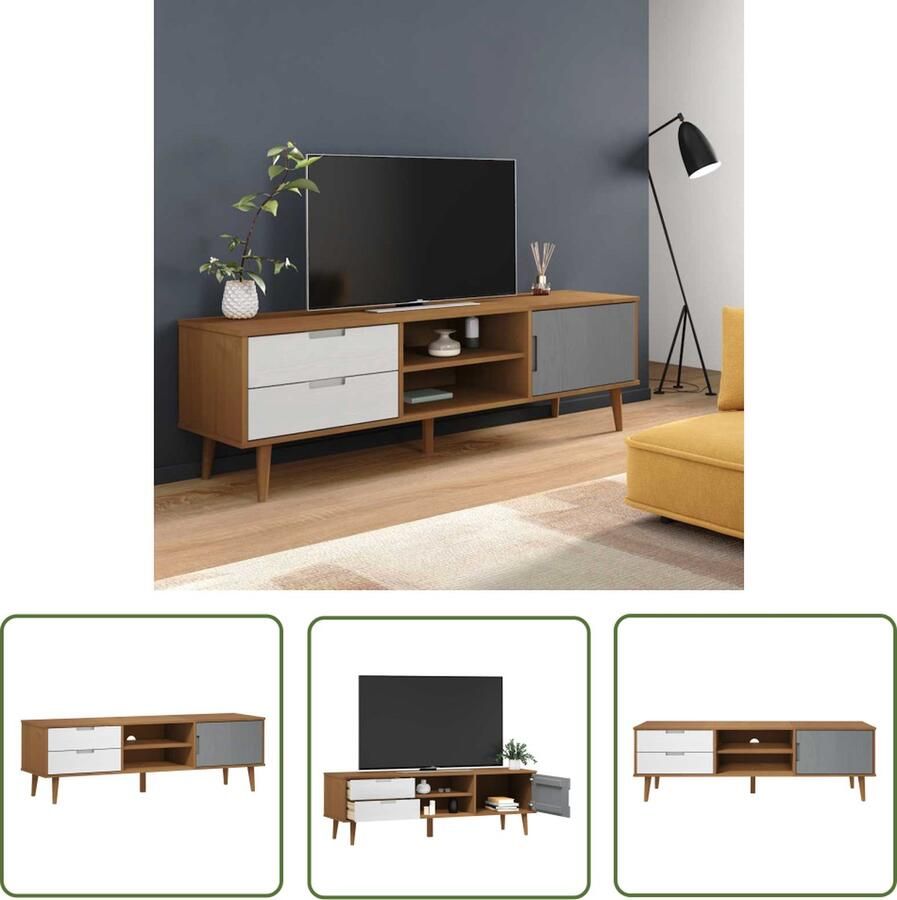 The Living Store MOLDE Tv-meubel 158 x 40 x 49 cm Bruin Massief grenenhout UV-vernis Tv Kast Houten Tv Kast Grenenhouten Tv Kast Salontafel Living Meubilair