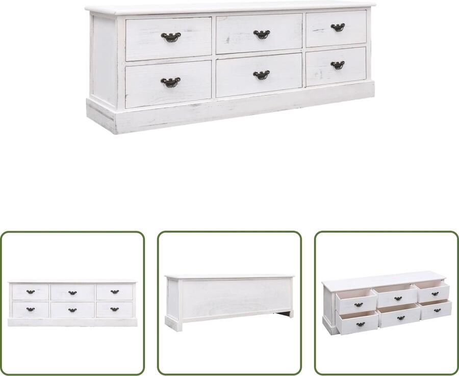 The Living Store Houten Televisiemeubel TV-kast met 6 lades Antiekwit 108 x 30 x 40 cm (B x D x H) Montage vereist - Foto 2