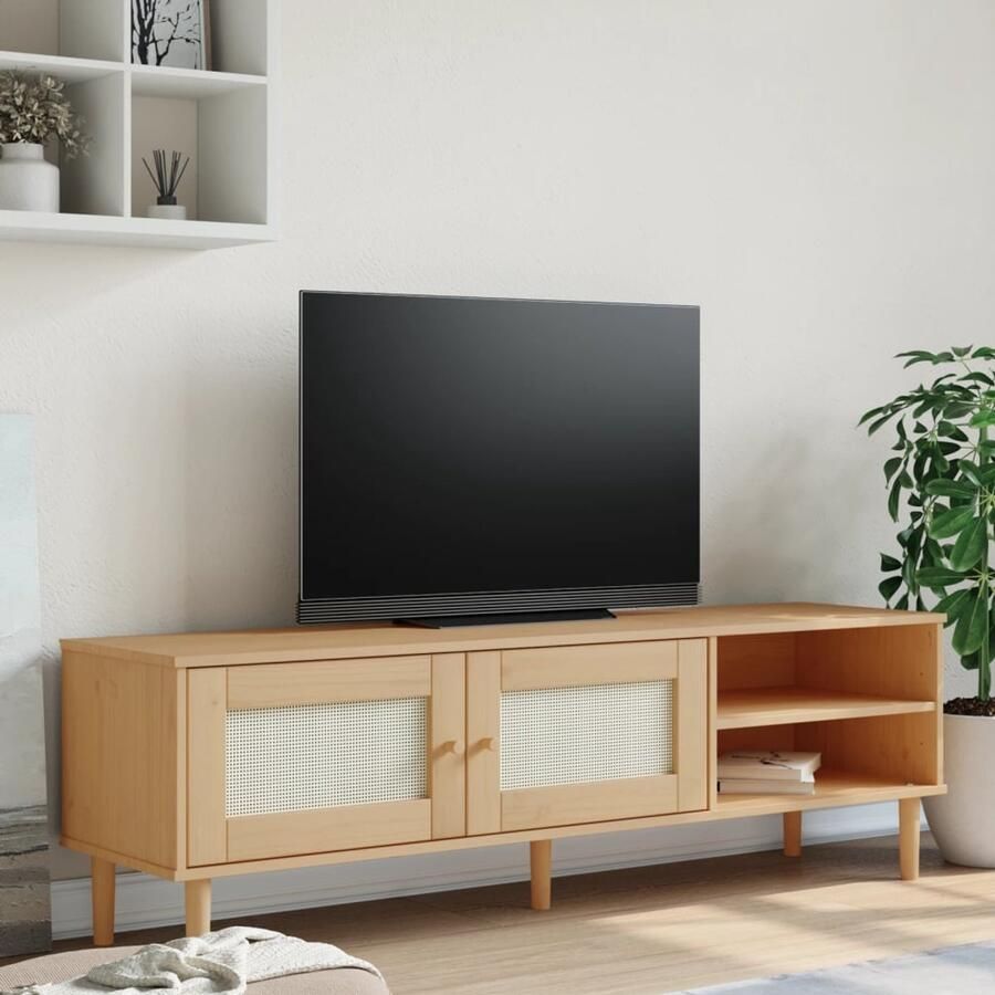 The Living Store SENJA TV-kast 158 x 40 x 49 cm Bruin Massief grenenhout UV-vernis Poly rattan Met opbergruimte Tv-kast Houten Tv-kast Salontafel Livingroom Meubilair Rustic Tv Stand