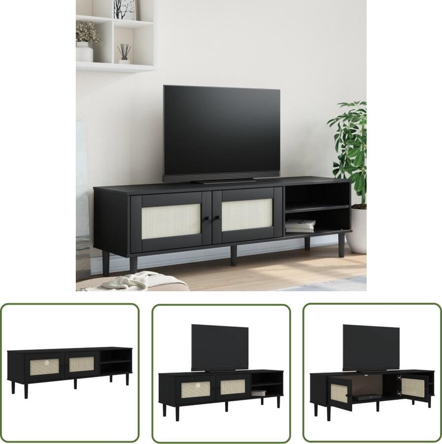 The Living Store Tv-meubel SENJA 158x40x49 cm rattan-look massief grenen zwart TV Meubel Tv Kast Zwarte Tv Kast Grenenhouten Tv Kast Salontafel