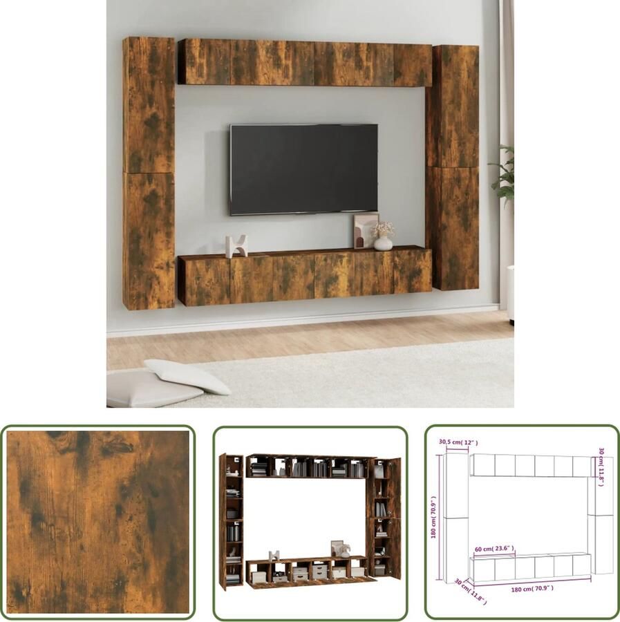The Living Store TV-meubel Set Gerookt Eiken 60x30x30cm 30.5x30x90cm Wandgemonteerd - Foto 2