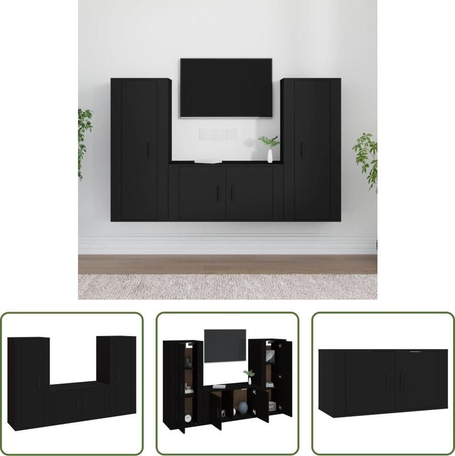 The Living Store TV-meubel set Klassiek design Wandgemonteerd Voldoende opbergruimte Zwart Bewerkt hout Montage vereist - Foto 2
