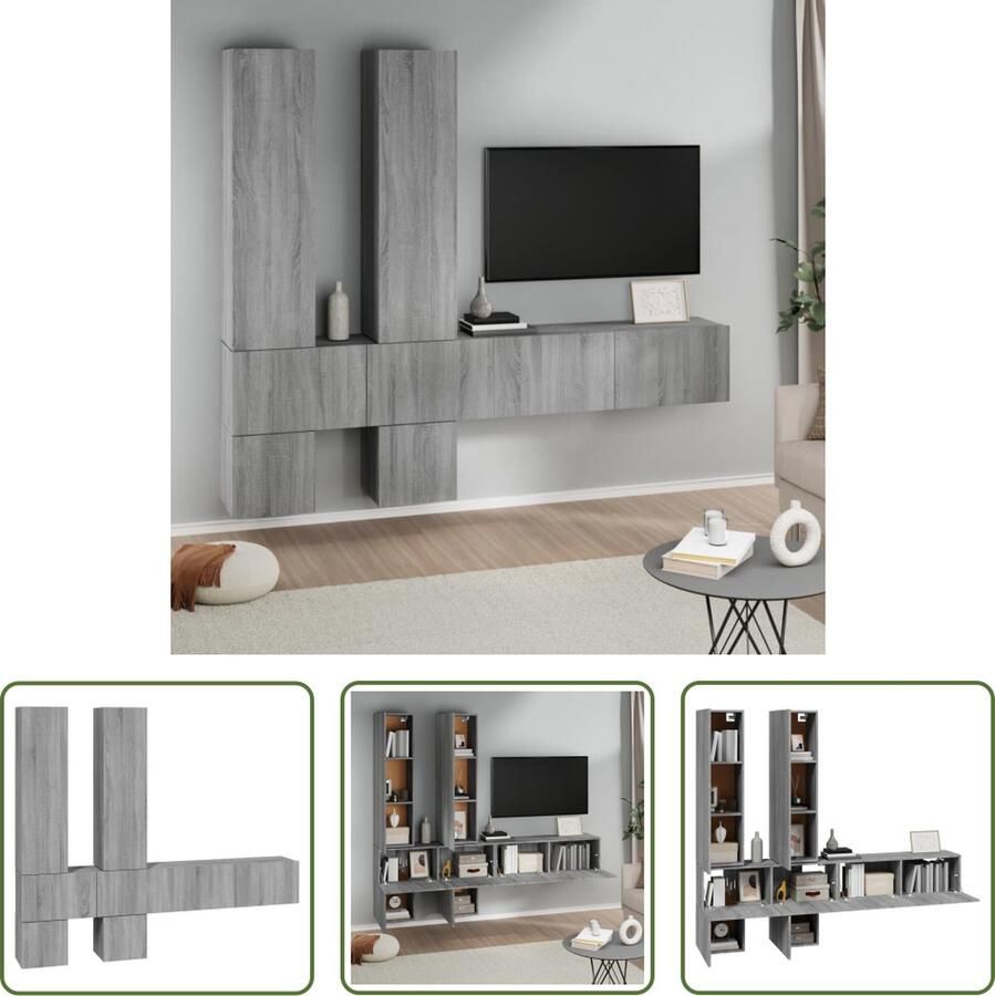 The Living Store TV-meubel Set van 6 Grijs Sonoma Eiken 30.5 x 30 x 110 cm Decoratief en praktisch Tv Meubel Wandmontage Grijze Tv Kast Houten Tv Meubel Salon Meubilair - Foto 2