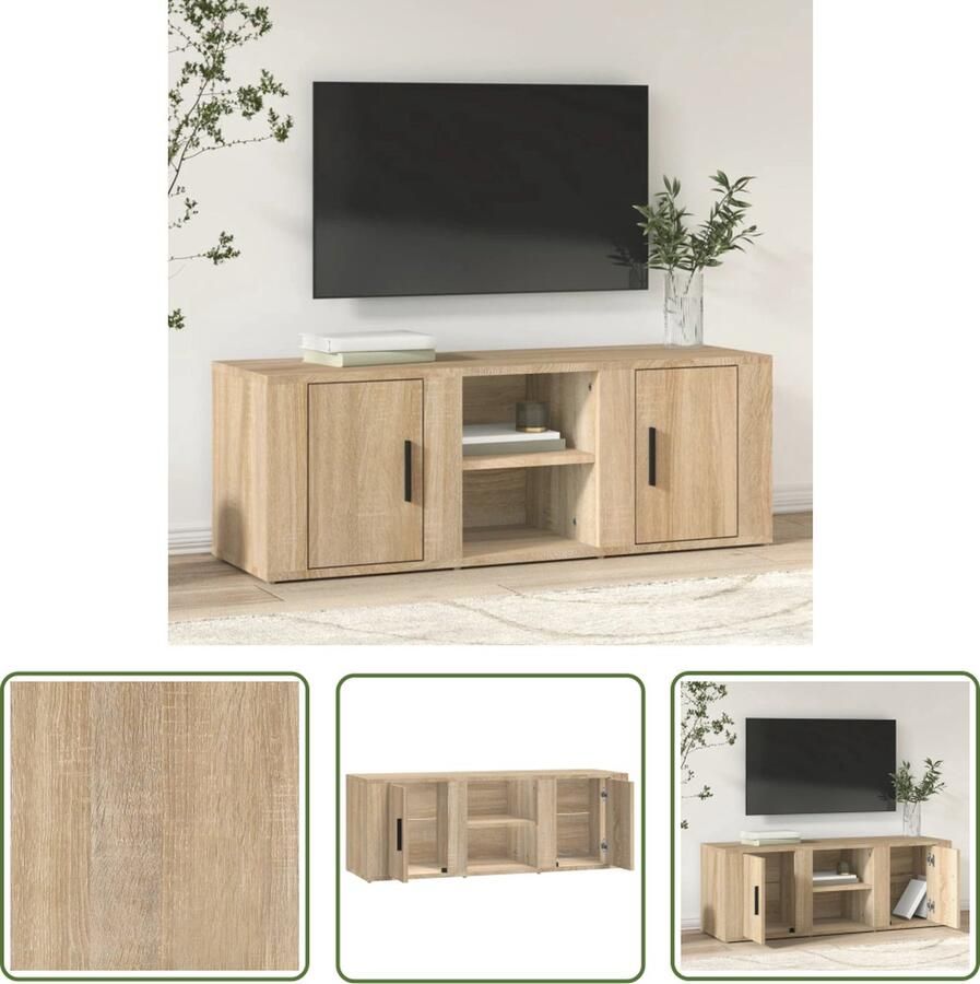 The Living Store Televisiekast Trendy en praktisch design Stevig en vochtbestendig 4 vakken Stofvrije opbergruimte Presenteerfunctie Kleur- Sonoma eiken Afmetingen- 100 x 31.5 x 35 cm - Foto 2