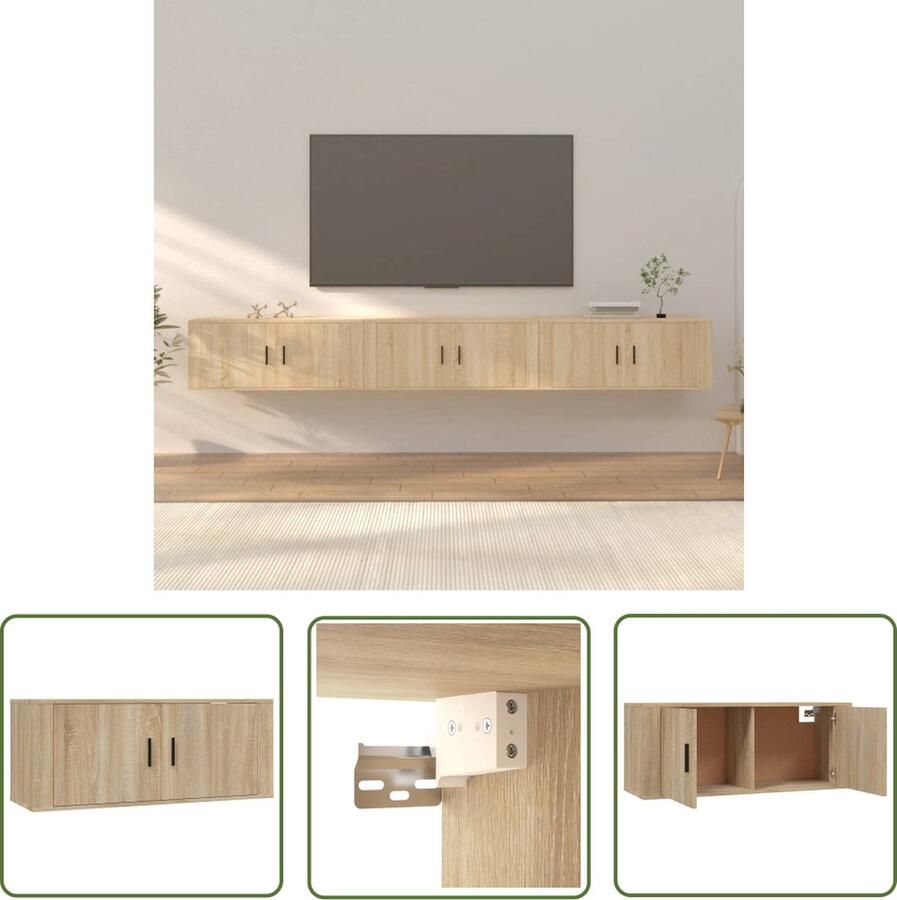 The Living Store TV Meubel Sonoma Eiken Set van 3 100x34.5x40 cm Strak en klassiek design - Foto 2
