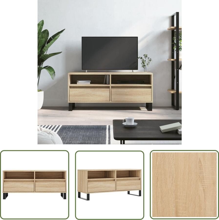 The Living Store TV-meubel Sonoma Eiken TV-kast met opbergruimte 100x34.5x44.5cm Stevig hout IJzeren poten - Foto 2