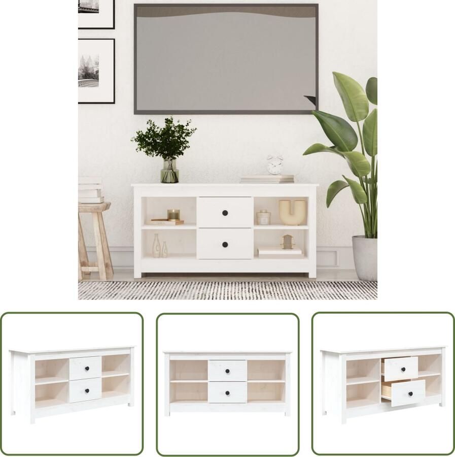 The Living Store TV-meubel Trendy design Massief grenenhout Stabiel frame Voldoende opbergruimte Display functie Wandmontage Wit 103 x 36.5 x 52 cm - Foto 2