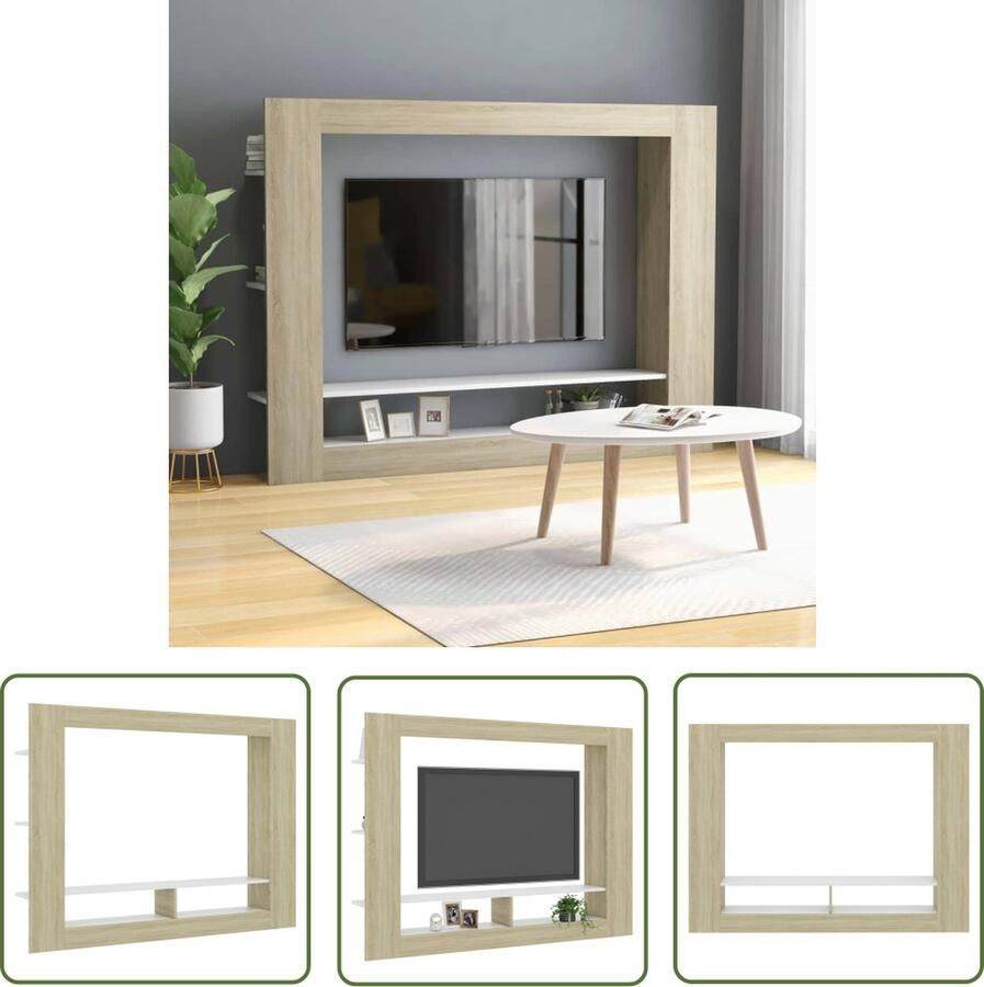 The Living Store TV-meubel Trendy en praktisch Hout 152x22x113 cm Wit en Sonoma Eiken Met 2 open vakken en zijschappen