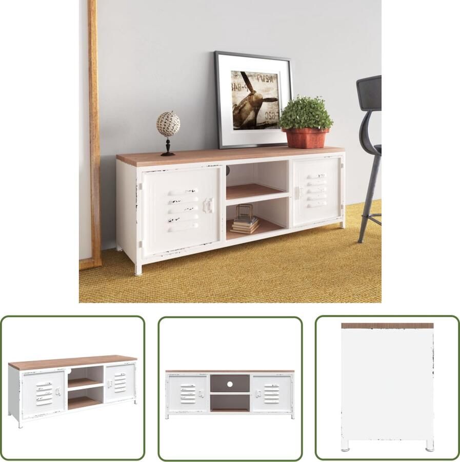 The Living Store TV-meubel Vurenhout en ijzer 110x30x40 cm Wit - Foto 2