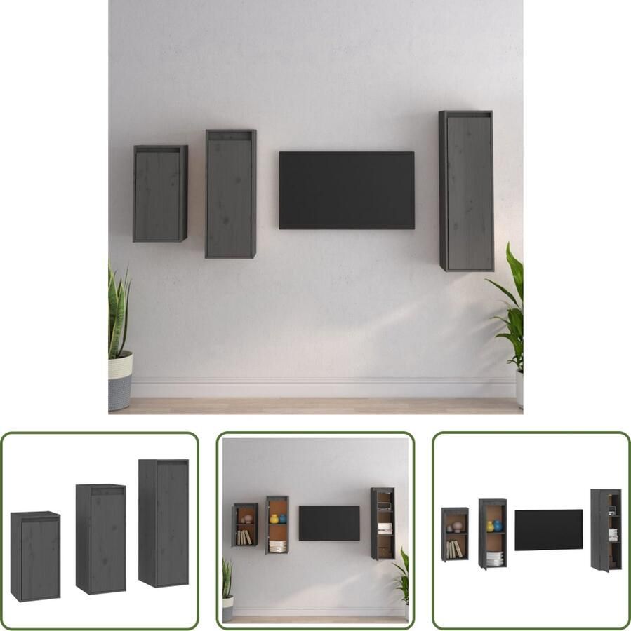 The Living Store TV-meubel wandmeubel massief grenenhout grijs montage vereist 3 matenHet transformeert een lege muur in een designelement Incl 30x30x60 cm 30x30x80 cm en 30x30x100 cm tv-meubels - Foto 2