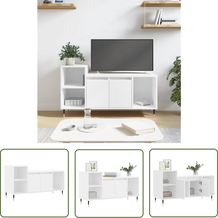 The Living Store TV-meubel Wit 100 x 35 x 55 cm Bewerkt hout en metaal Tv-meubel Salontafel Kast Houten Tv-kast Wit Tv-meubel - Foto 2