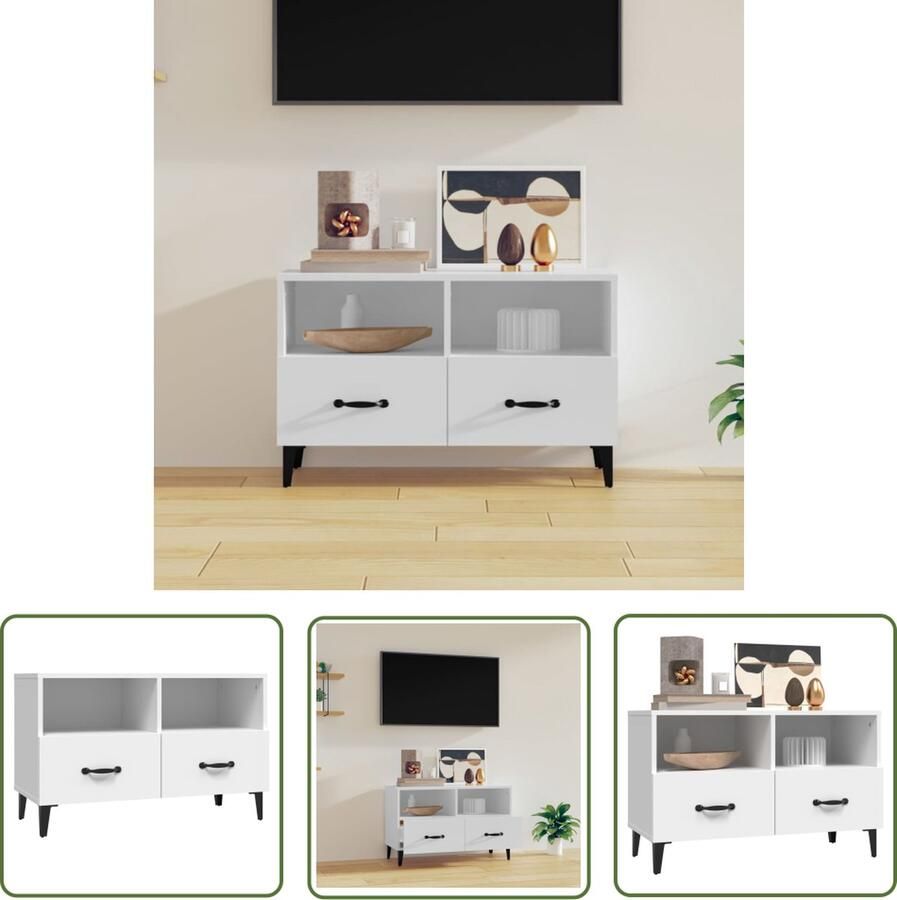 The Living Store TV-meubel wit 80 x 36 x 50 cm bewerkt hout en ijzer Tv Kast Houten Tv Kast Wit Tv Kast Salontafel Mediabox - Foto 5