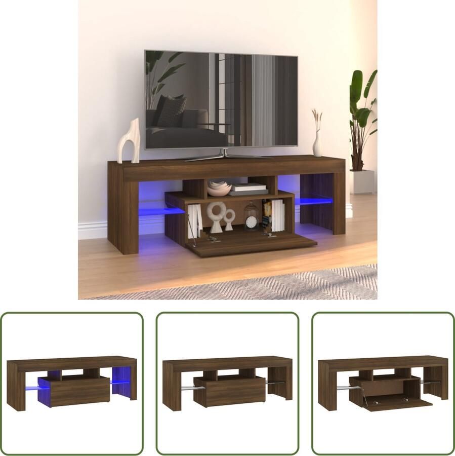 The Living Store Tv-meubel Wood 120x35x40 cm RGB LED-verlichting Bruineiken - Foto 2